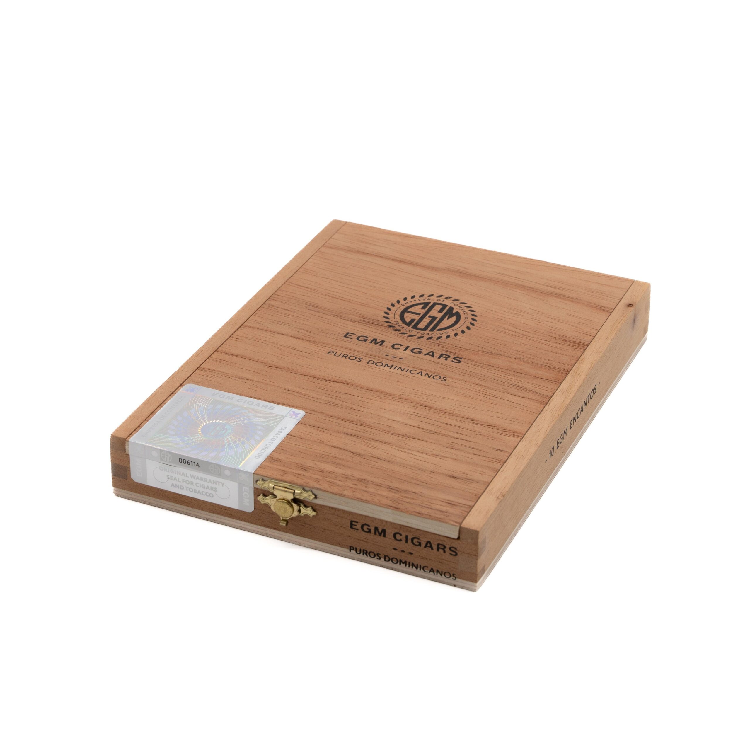 EGM Encantos box of 10 premium handmade Dominican cigars in the long, slender Laguito No. 1 format.