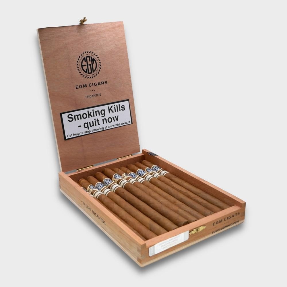EGM Encantos box of 10 premium handmade Dominican cigars in the long, slender Laguito No. 1 format.